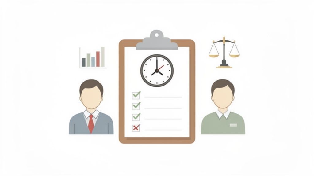 Illustration de deux hommes, un presse-papiers avec horloge et liste de tâches, un graphique et une balance de justice.