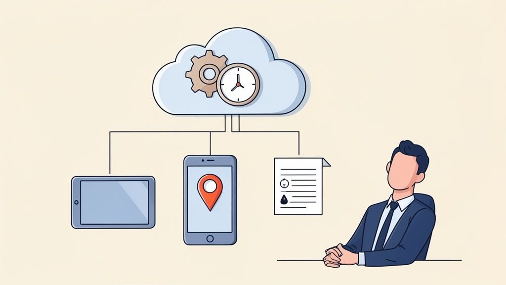 Un cloud avec engrenage et horloge gère des données via tablette, smartphone GPS et document, surveillé par un homme d'affaires.