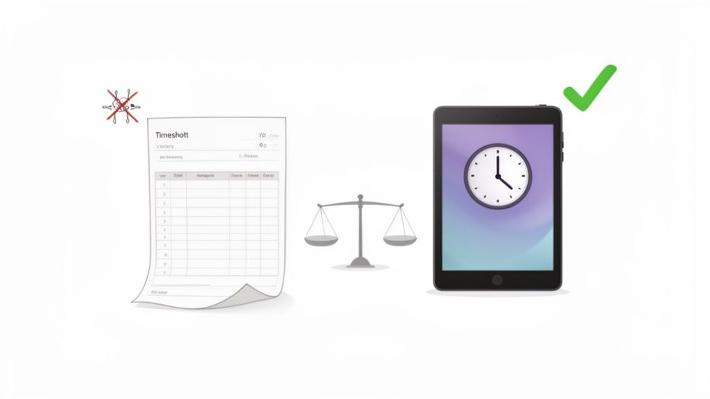 Un relevé d'heures papier est barré, contrastant avec un suivi du temps numérique sur tablette validé par une coche verte.
