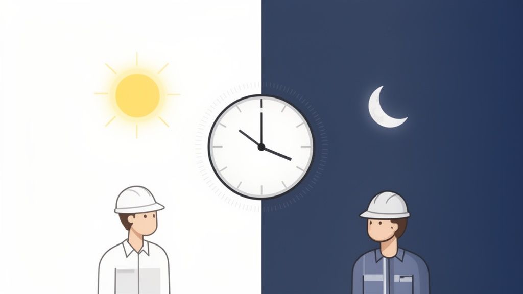 Image montrant un travailleur en horaire de jour et de nuit, symbolisant les quarts de travail avec soleil, lune et horloge.