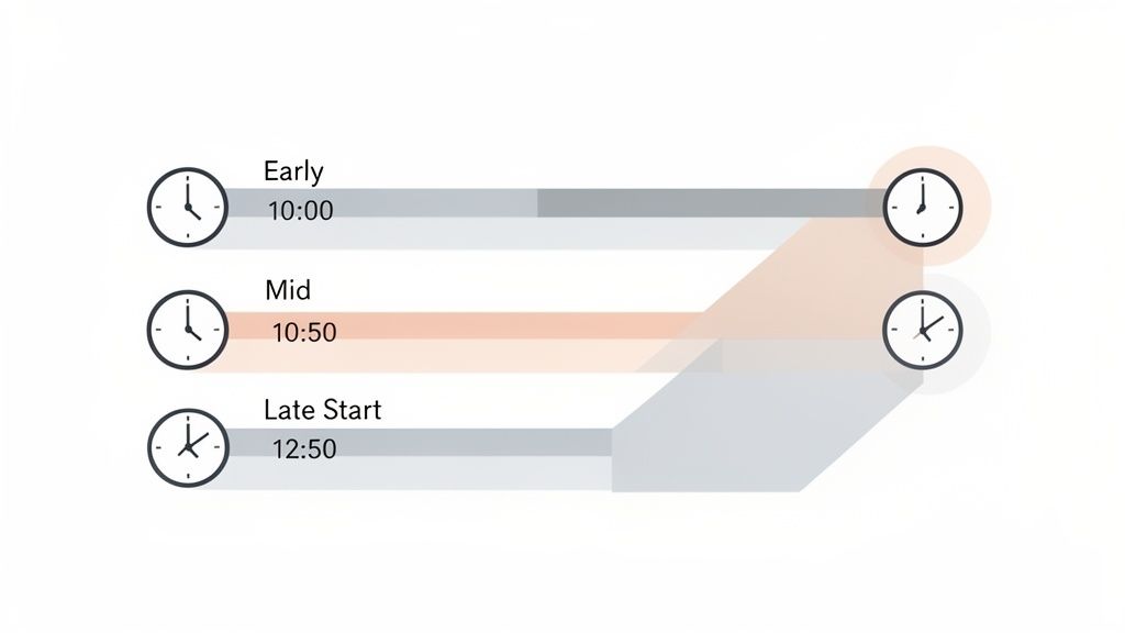 Diagramme visuel de planification des horaires avec trois options : début tôt (10h00), milieu (10h50) et tardif (12h50).