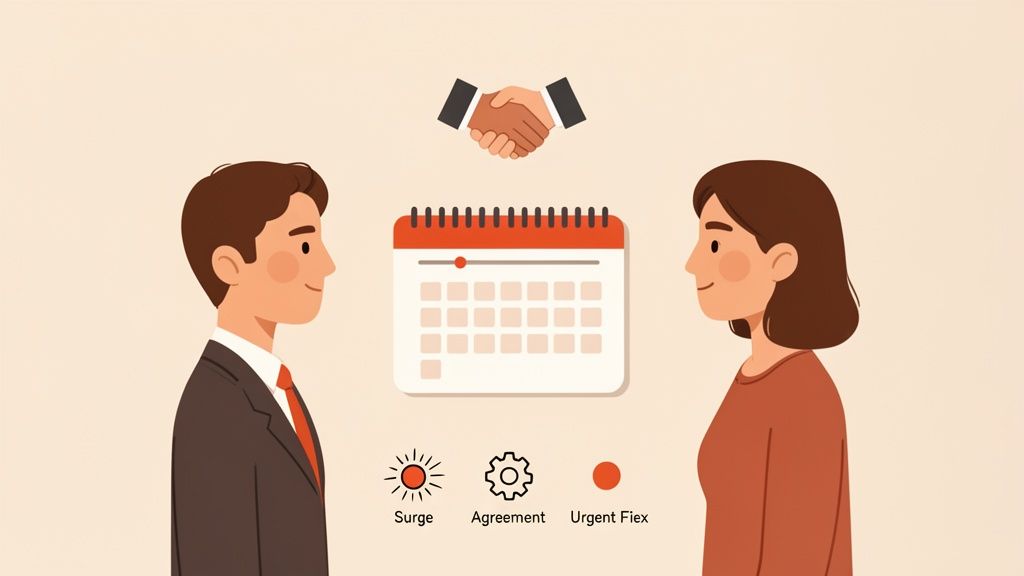 Illustration d'un homme et d'une femme avec un calendrier, symbolisant la planification et les accords professionnels.