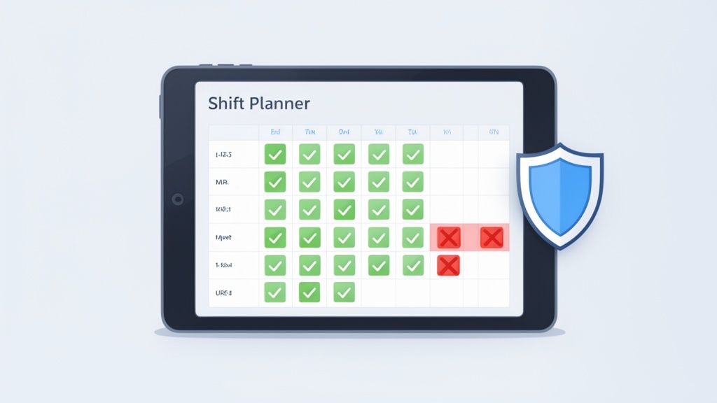 Tablette affichant un planificateur de quarts de travail avec des jours disponibles et indisponibles, et un bouclier de sécurité.