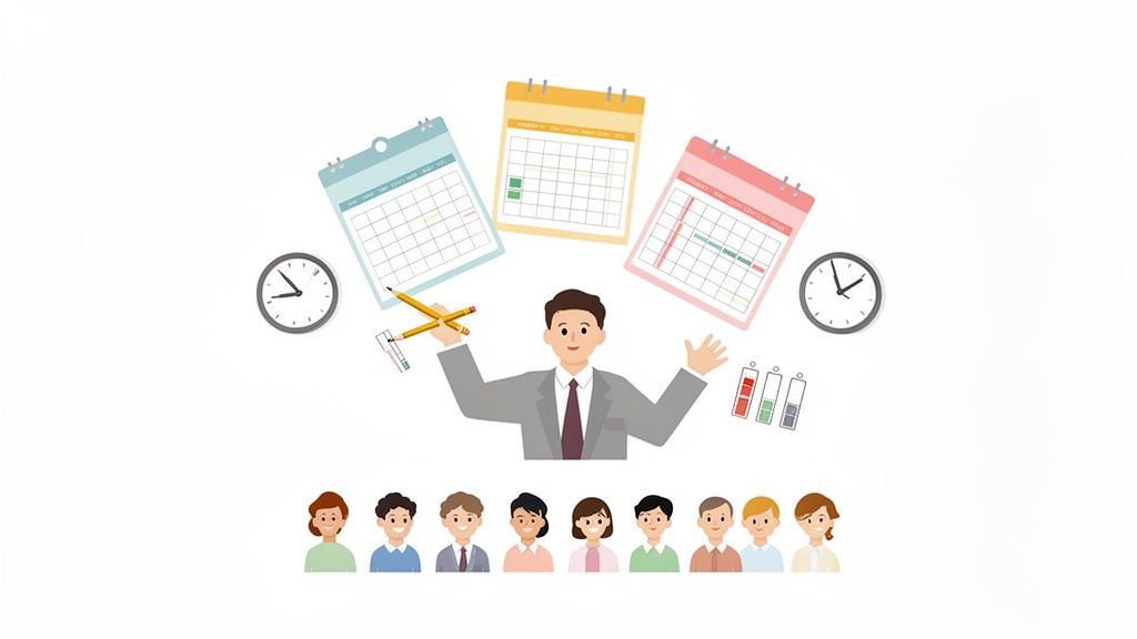 Illustration d'un homme gérant le temps, les plannings et une équipe de personnes, symbolisant la gestion de projet et l'organisation du travail.