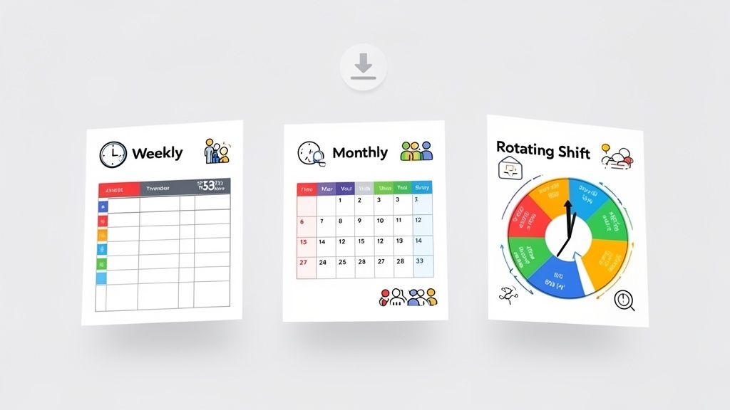 Trois affiches numériques présentant des modèles de planification de travail : hebdomadaire, mensuel et horaire rotatif.
