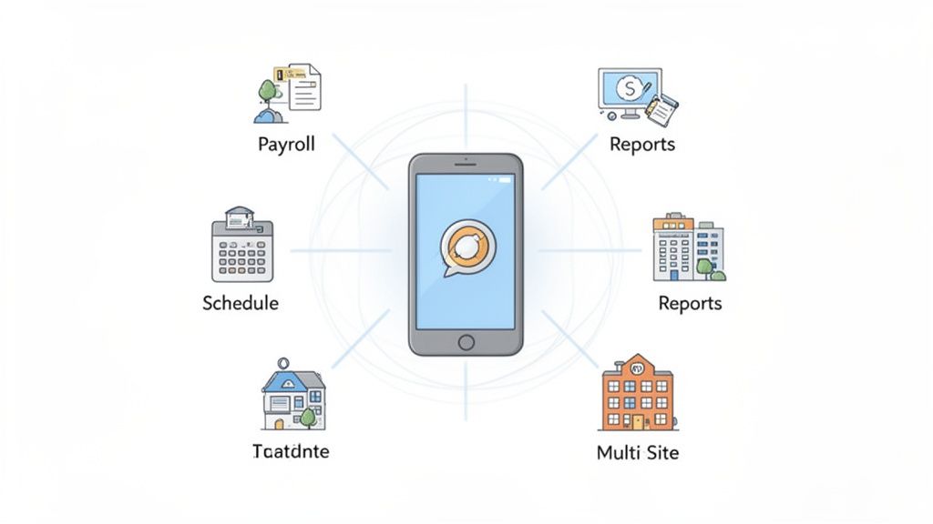 Un smartphone au centre, connecté à des icônes représentant la paie, les rapports, la planification, le pointage et la gestion multi-site.