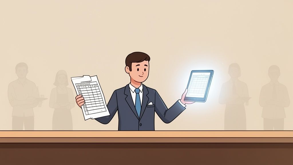 Un homme en costume compare une feuille de présence traditionnelle et une tablette numérique lumineuse pour la gestion du personnel.