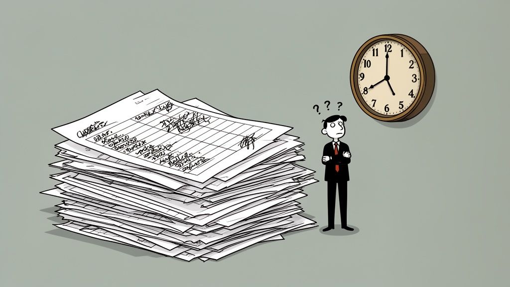 Homme d'affaires perplexe devant une pile de documents et une horloge, suggérant le stress du travail.