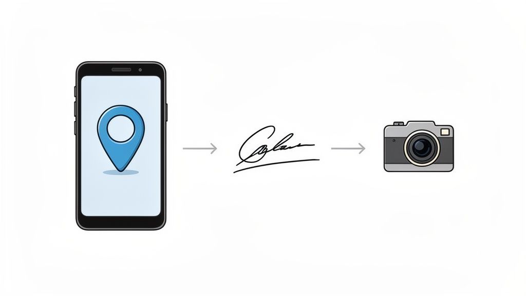 Processus de géolocalisation, signature numérique et prise de photo via smartphone.