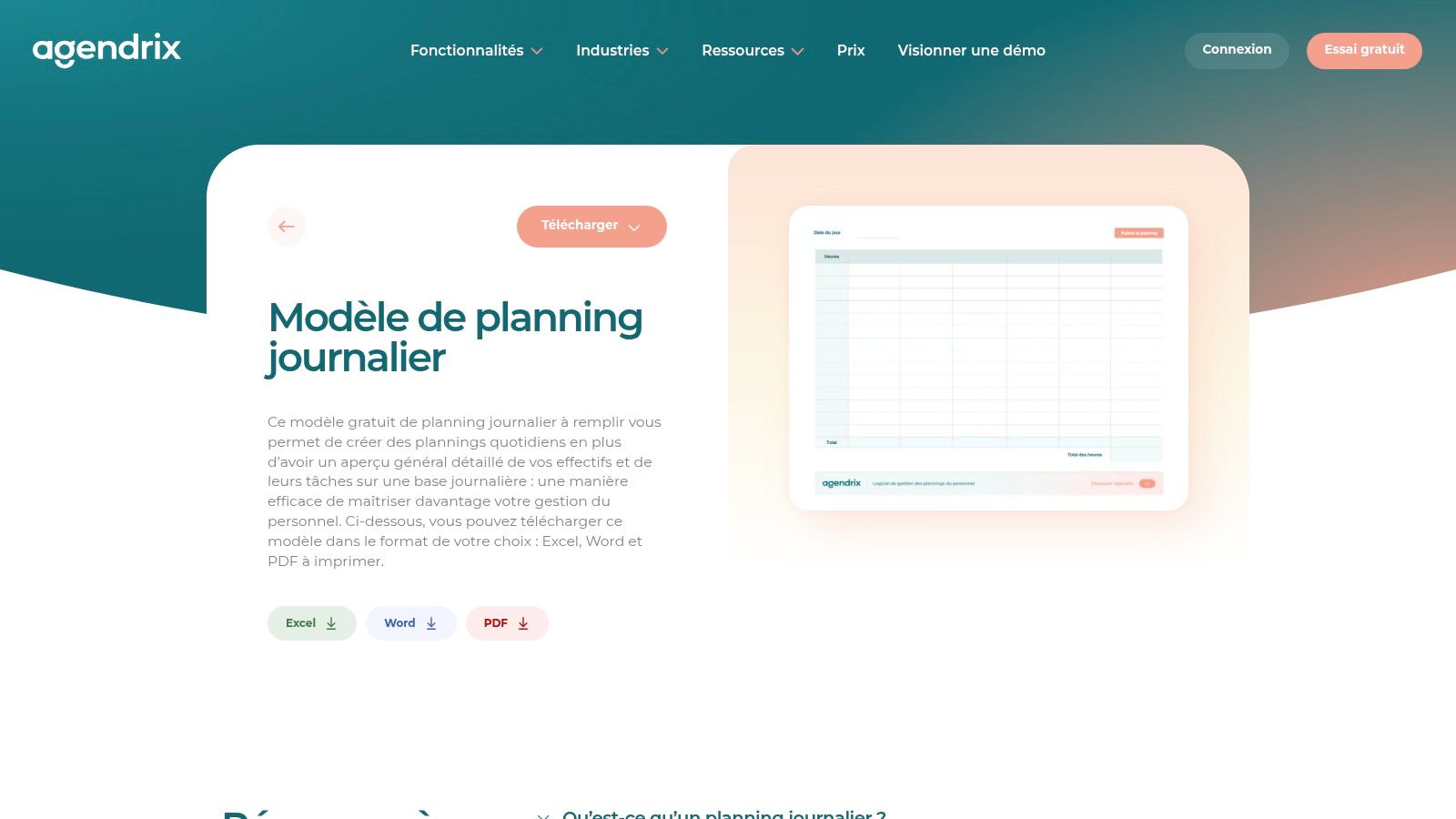 Agendrix – Modèle gratuit de planning journalier (Excel/Word/PDF)