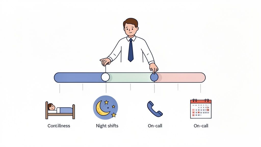 Un homme ajuste des curseurs sur une barre, représentant la gestion du temps de travail (maladie, nuits, astreintes).