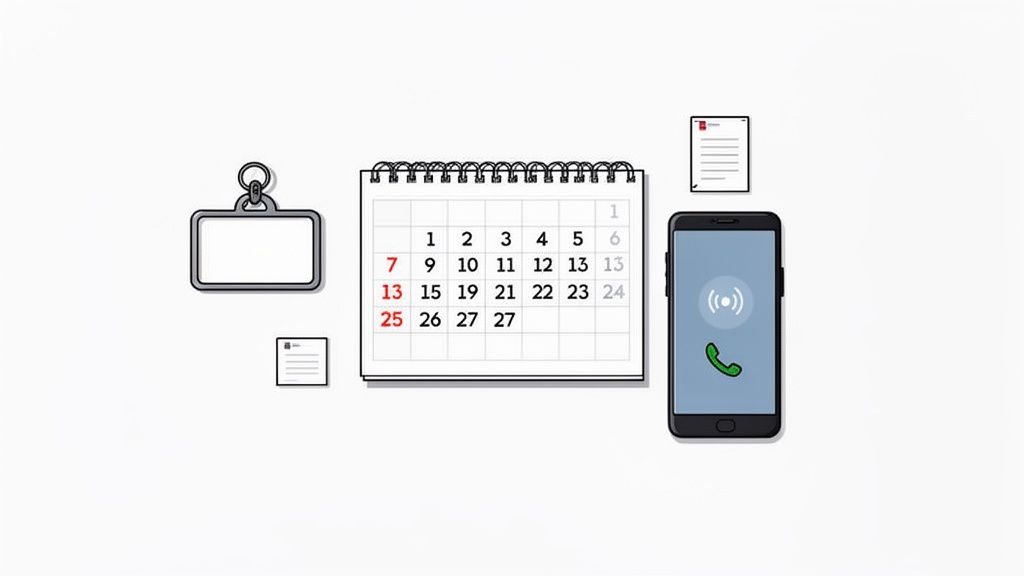 Une illustration d'un calendrier, d'un smartphone en appel, d'un badge d'identification et de documents, représentant la planification et la communication professionnelles.