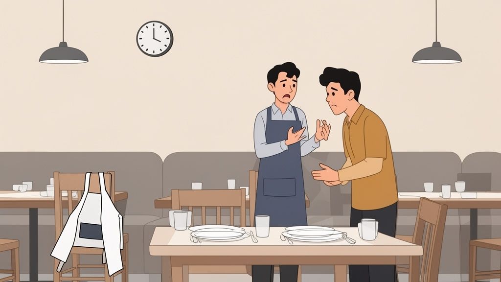 Deux hommes discutent vivement dans un restaurant vide, l'un en tablier, avec des tables dressées.