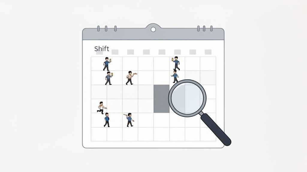 Un calendrier intitulé 'Shift' avec des personnes symbolisant des employés sur différentes dates, une loupe examine une case vide.
