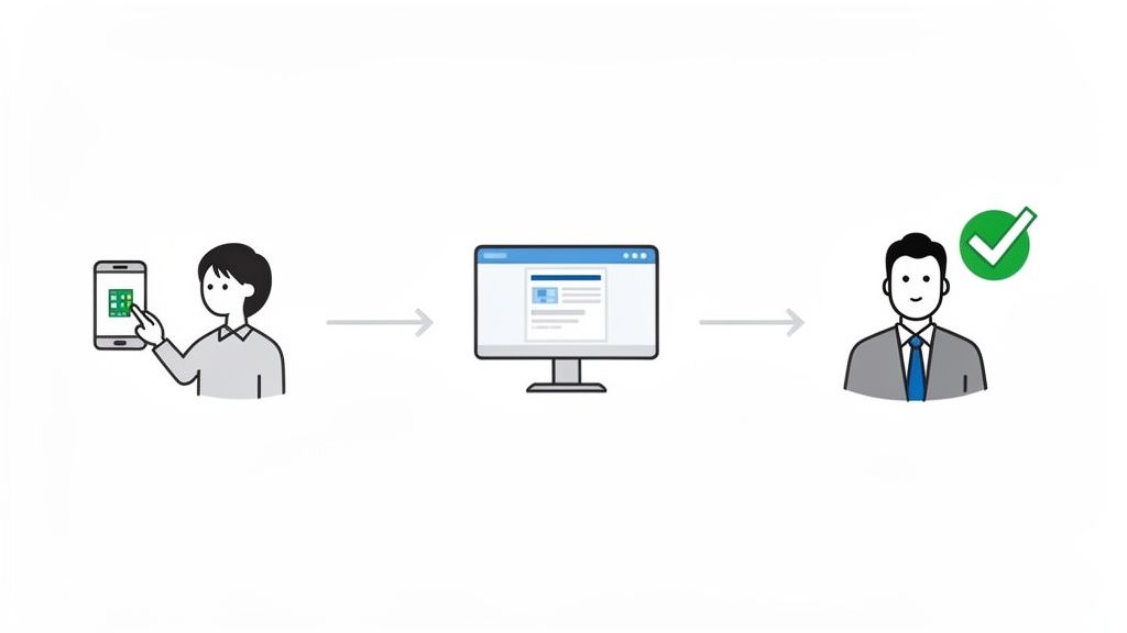 Une personne soumettant une demande via une tablette, affichée sur un écran d'ordinateur, puis approuvée par un employé.