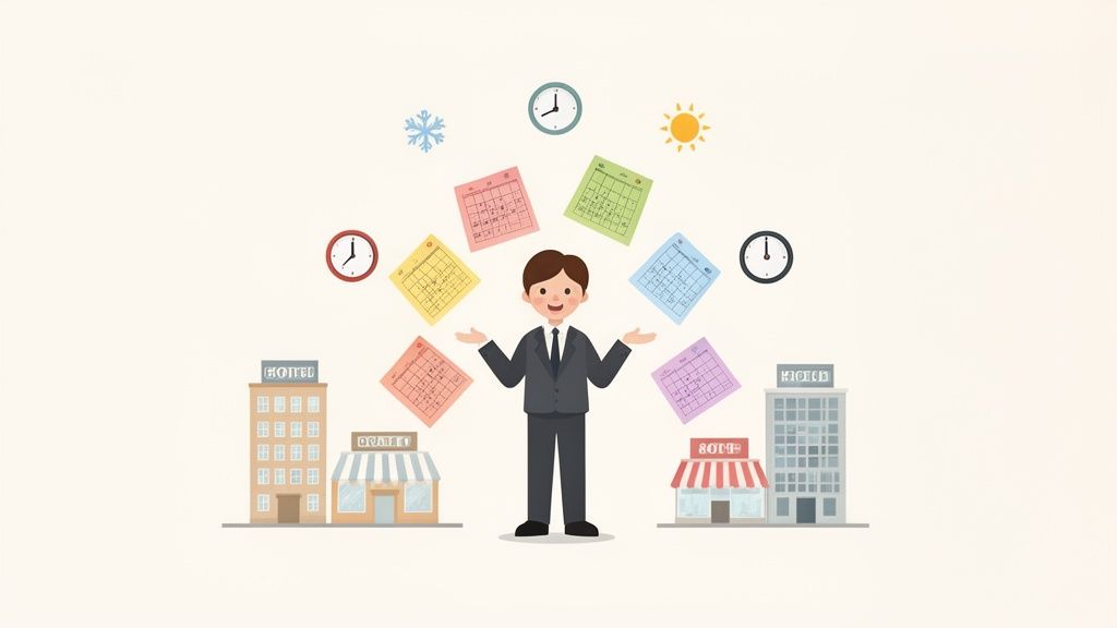 Un homme d'affaires jongle avec des calendriers, des horloges et des symboles saisonniers entre des hôtels et des magasins, illustrant la gestion complexe.