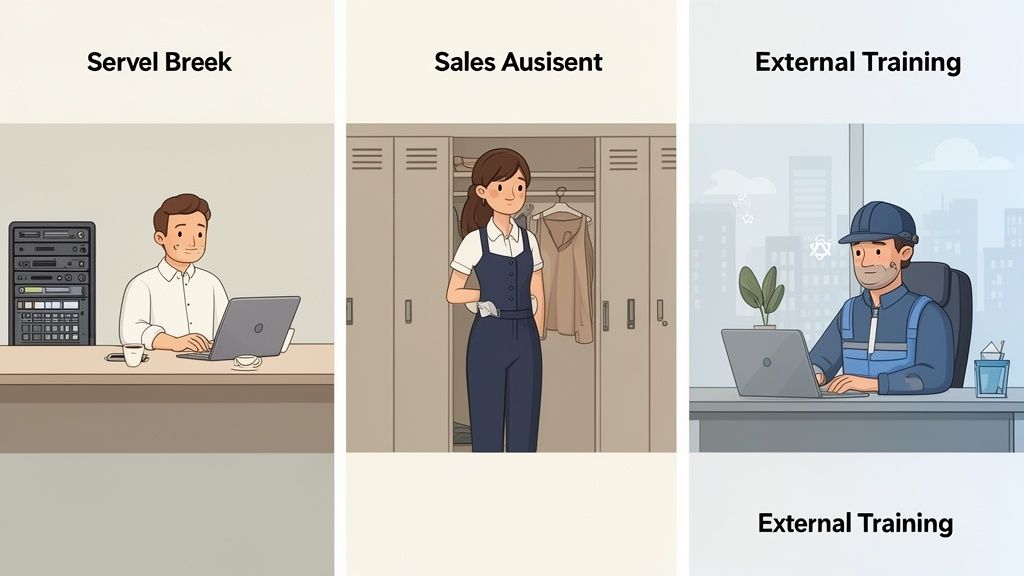 Trois illustrations de professionnels dans des environnements de travail variés : un technicien, une assistante commerciale et un ouvrier en formation.