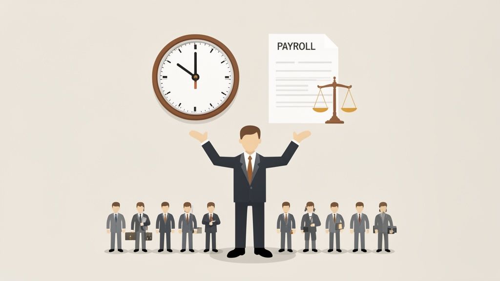 Illustration de la gestion du temps de travail, de la paie et des aspects légaux pour le personnel.