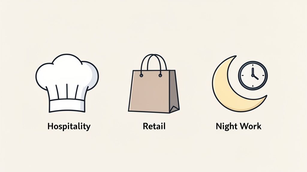 Icônes illustrant trois catégories de travail : un chapeau de chef pour l'hôtellerie, un sac de courses pour le commerce de détail, et une lune avec une horloge pour le travail de nuit.