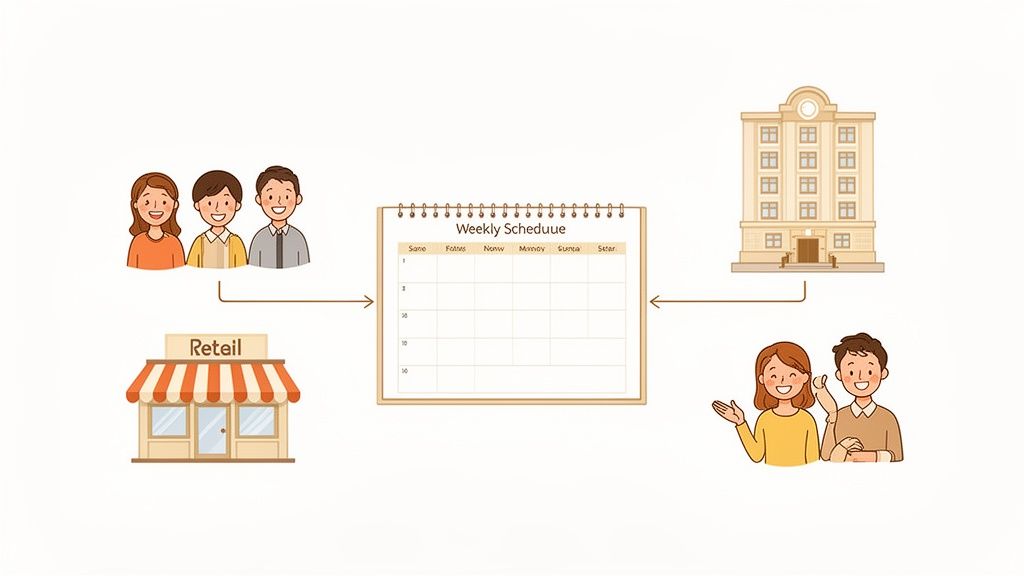 Illustration d'un calendrier hebdomadaire central connectant des employés de magasin et des managers d'entreprise.