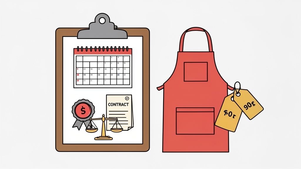 Illustration d'un presse-papiers avec calendrier, contrat, balance et monnaie, à côté d'un tablier rouge avec étiquettes de prix.