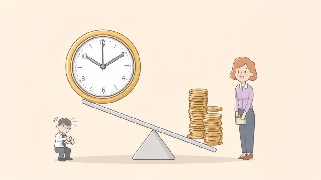 Une horloge géante pèse sur un homme stressé, face à des piles de pièces et une femme souriante.