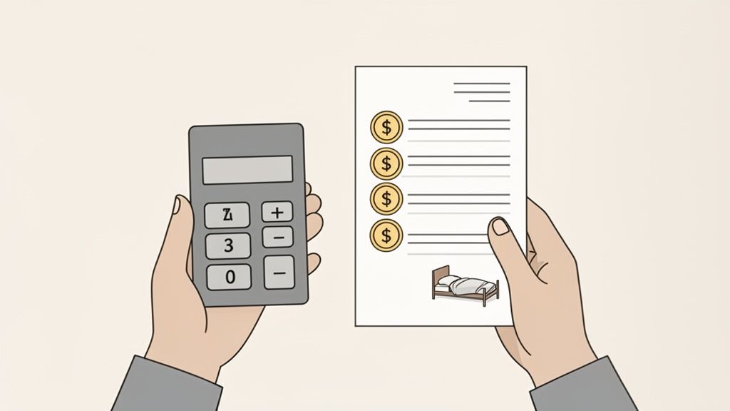 Deux mains tiennent une calculatrice et un document affichant des symboles dollar et un lit.