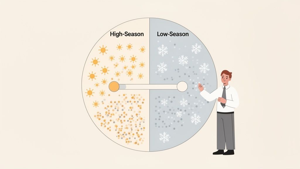 Graphique circulaire divisant l'année en haute et basse saison avec un curseur, présenté par un homme.