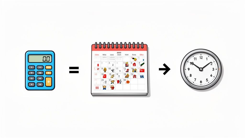 Une calculatrice, un signe égal, un calendrier 2023 et une horloge représentant le calcul du temps.