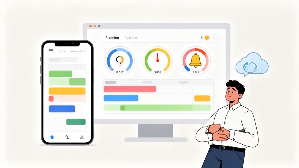 Illustration d'un homme consultant un tableau de bord de planification en temps réel sur ordinateur et mobile, avec synchronisation cloud.