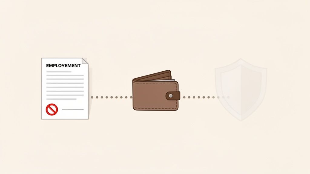 Document d'emploi avec signe d'interdiction, portefeuille et bouclier, symbolisant la protection financière et l'emploi.