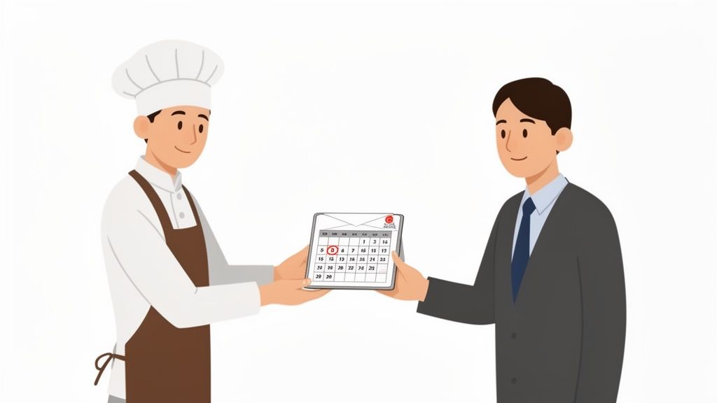 Deux hommes, un chef et un homme d'affaires, examinent un calendrier avec le 5 encerclé pour planifier des congés.