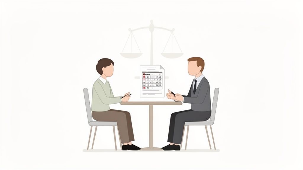 Deux personnes discutent d'un document ou calendrier devant une balance de justice, symbolisant une décision équitable.