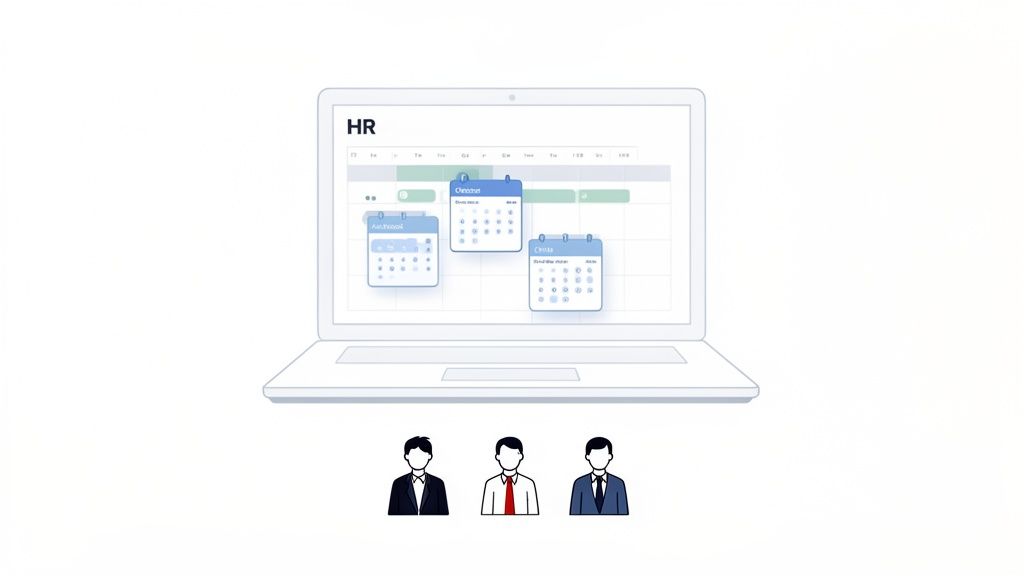 Interface de gestion RH sur un ordinateur portable, affichant des calendriers de congés et des icônes d'employés.