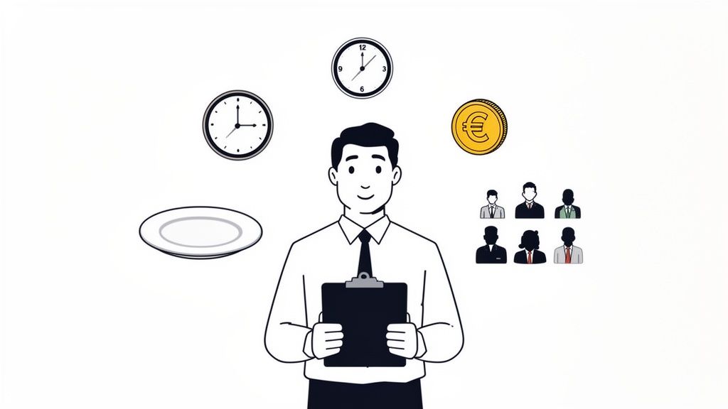 Un homme avec un presse-papiers entouré d'horloges, d'argent, d'une assiette et de silhouettes de personnes.