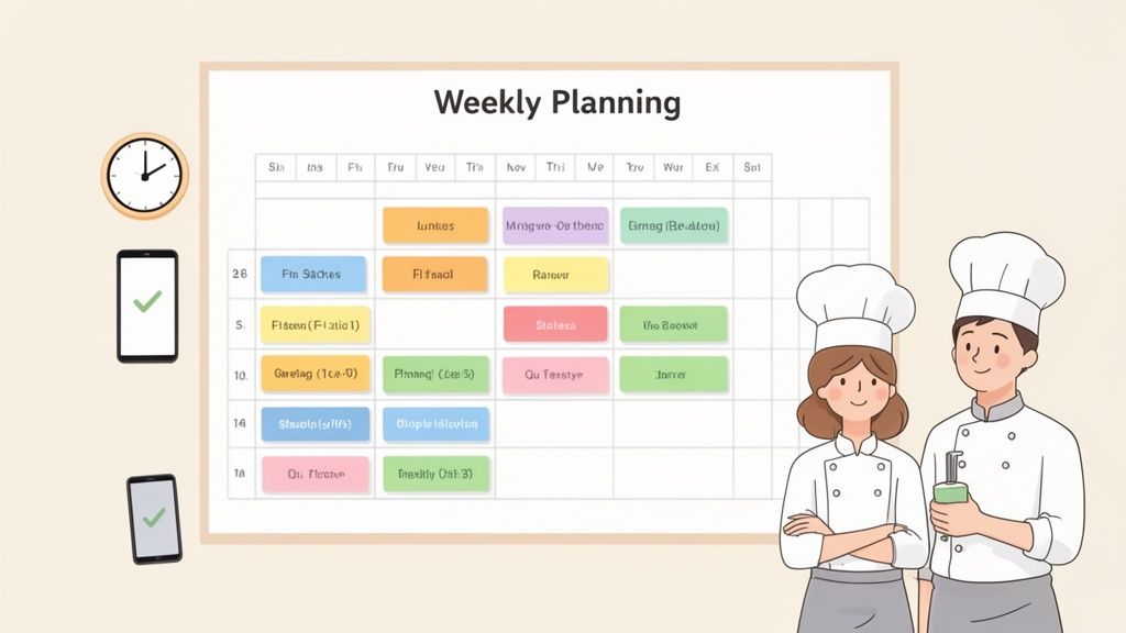 Illustration d'un calendrier de planification hebdomadaire pour un restaurant, avec deux chefs souriants et des tâches.