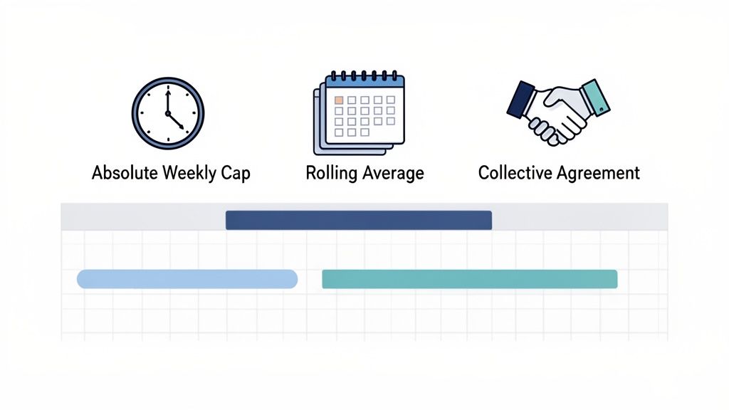 L'image illustre les concepts de plafond hebdomadaire, moyenne glissante et accord collectif.