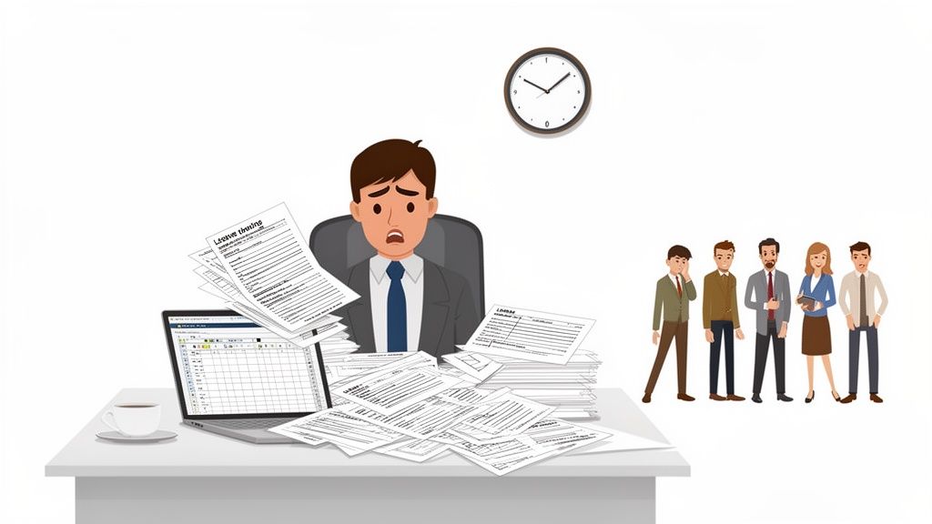 Un homme débordé par des papiers sur son bureau, avec des collègues, illustre le besoin d'une gestion efficace.