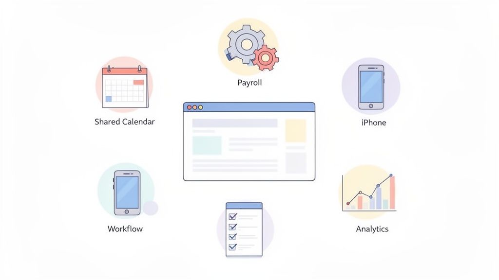 Illustration d'un logiciel de gestion intégré avec interface web, calendrier partagé, paie, mobile, flux de travail et analyses.
