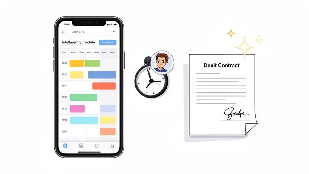 Capture d'écran d'un smartphone affichant un emploi du temps intelligent, une horloge et un contrat signé.
