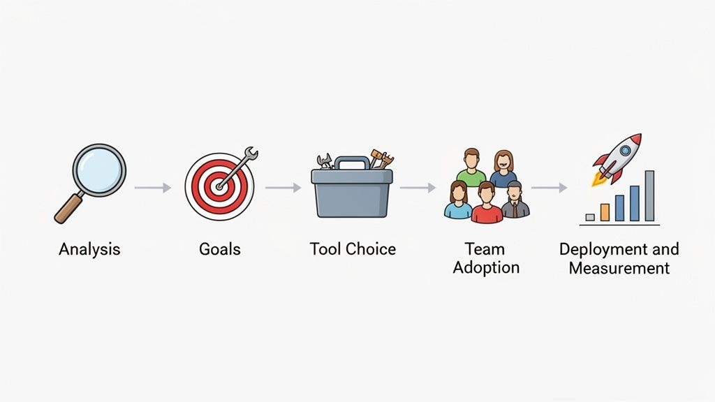 Illustration d'un processus en 5 étapes: analyse, objectifs, choix d'outils, adoption par l'équipe, déploiement et mesure.