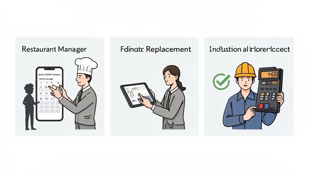 Trois scènes de gestion des ressources humaines : un chef utilise une application de planning mobile, une employée une tablette et un ouvrier un calculateur.