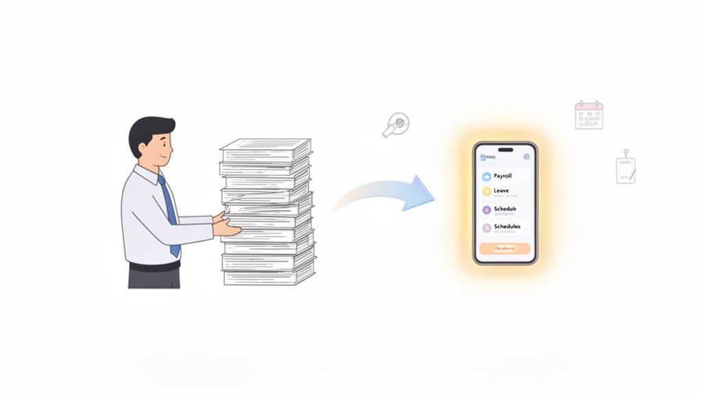 Un homme dématérialise des documents papier en une application mobile de gestion des ressources humaines.