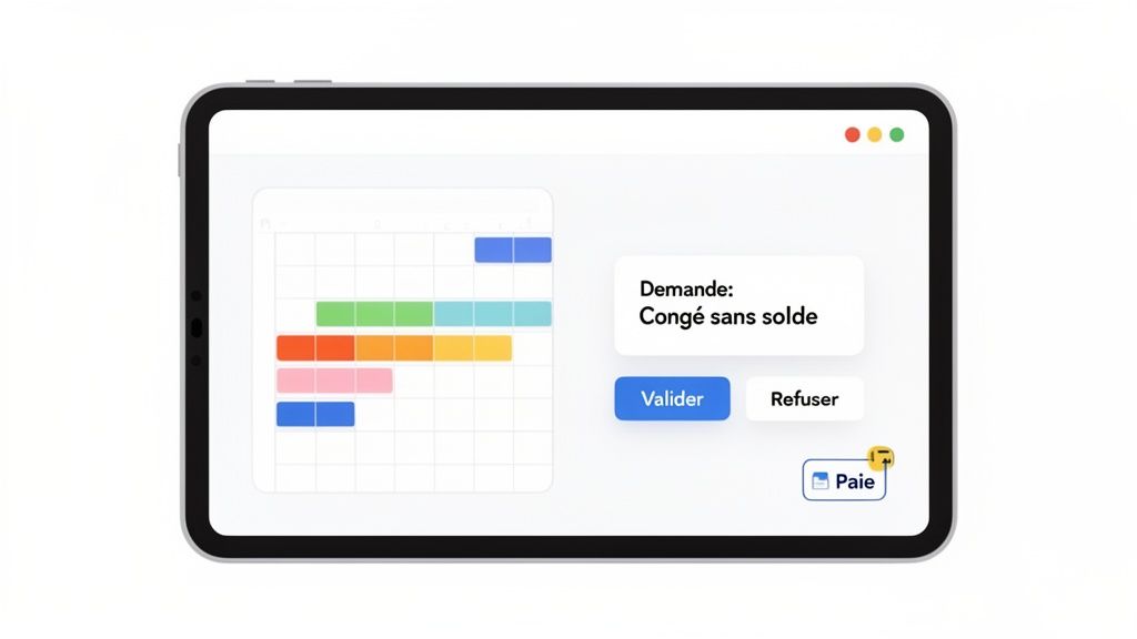 Une tablette affiche une application de gestion des congés, montrant une demande de congé sans solde à valider ou refuser.