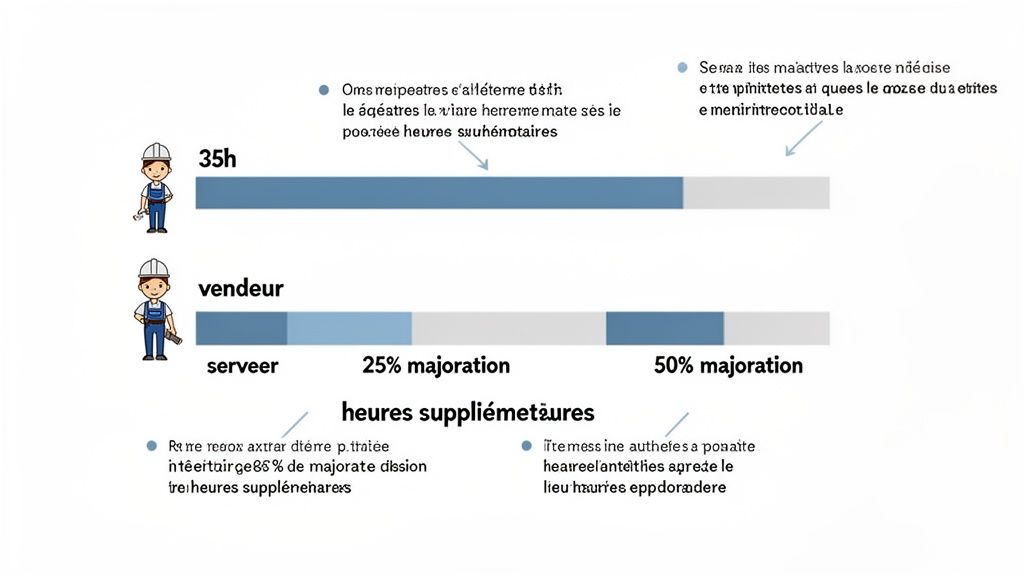 Graphique comparatif des heures de travail: 35h et heures supplémentaires pour un vendeur avec majoration de 25% et 50%.