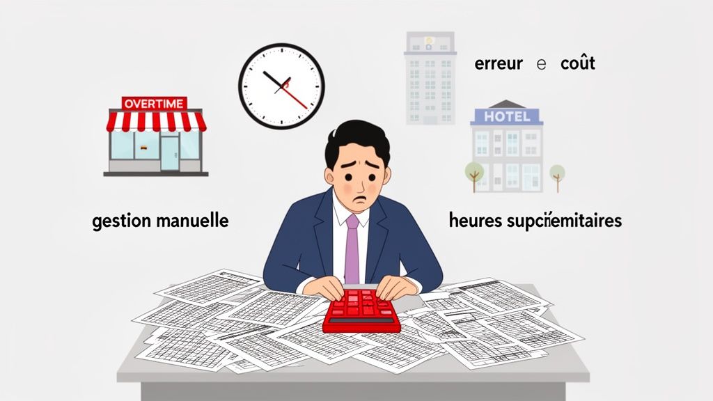 Un homme d'affaires stressé calcule des heures supplémentaires manuellement, entouré de documents, d'une horloge et de bâtiments.