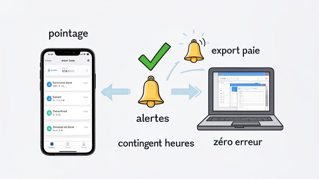 Illustration du processus de pointage mobile, alertes et export de paie sans erreur pour la gestion des heures.