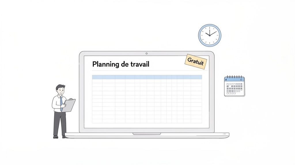 Illustration d'un homme près d'un ordinateur portable affichant un planning de travail gratuit en format tableau, avec horloge et calendrier.
