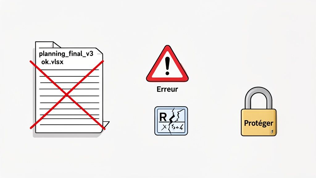 Illustration montrant un fichier Excel barré, un panneau d'erreur, une icône de tableau brisé et un cadenas "Protéger".