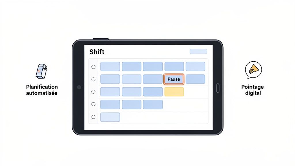 Tablette affichant un planning de travail avec une pause, illustrant la planification automatisée et le pointage digital.